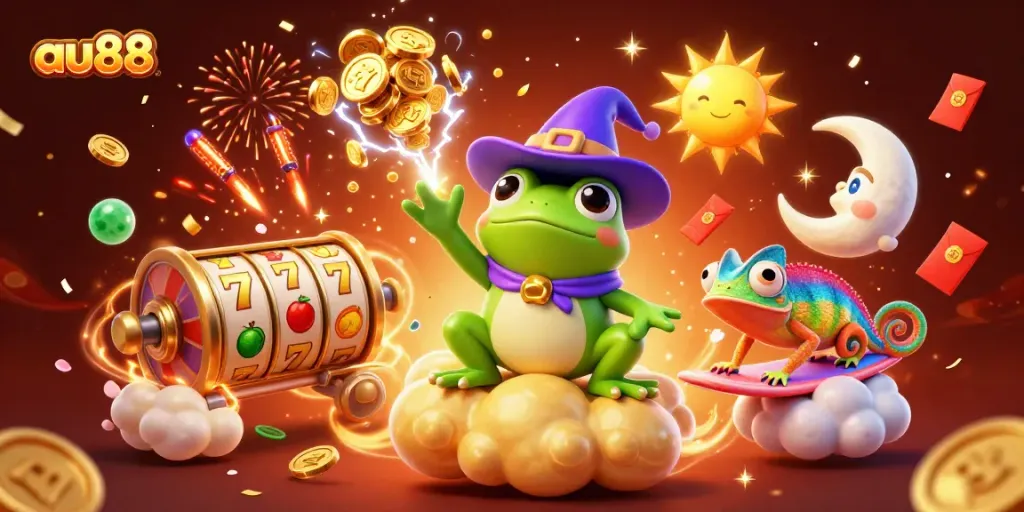 Experience fortune with au88 as a wizard frog and chameleon celebrate with coins and slot machines.
