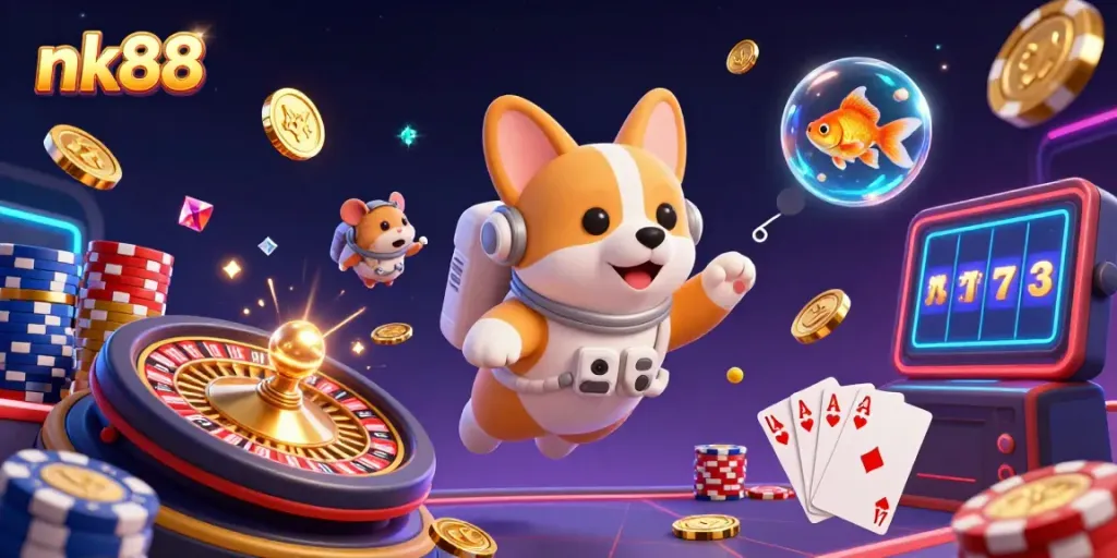 Experience exciting gameplay with nk88 in a vibrant 3D space casino featuring floating coins and dynamic slot reels.
