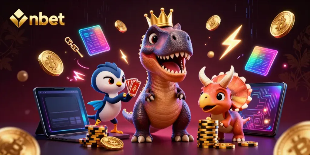 Experience thrilling fun with nbet as T-Rex attempts to shuffle cards amidst glowing crypto coins.