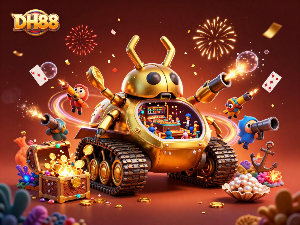Experience the excitement of DH88 with a vibrant 3D casino world featuring golden beetle tanks and underwater treasures.