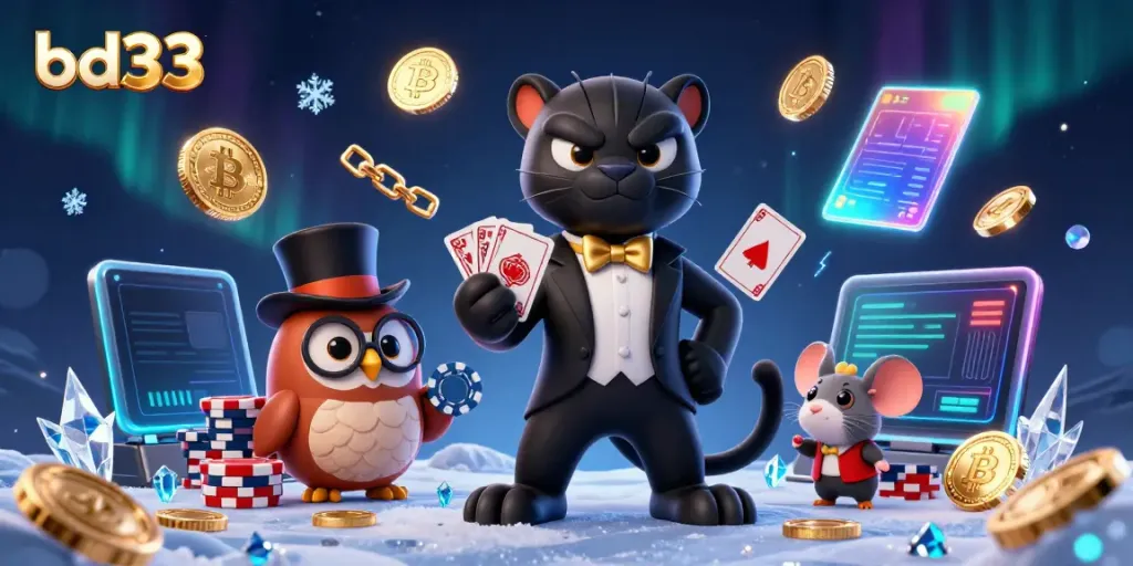 Experience the vibrant world of bd333 with a stylish panther dealing cards amidst a rich gaming atmosphere.