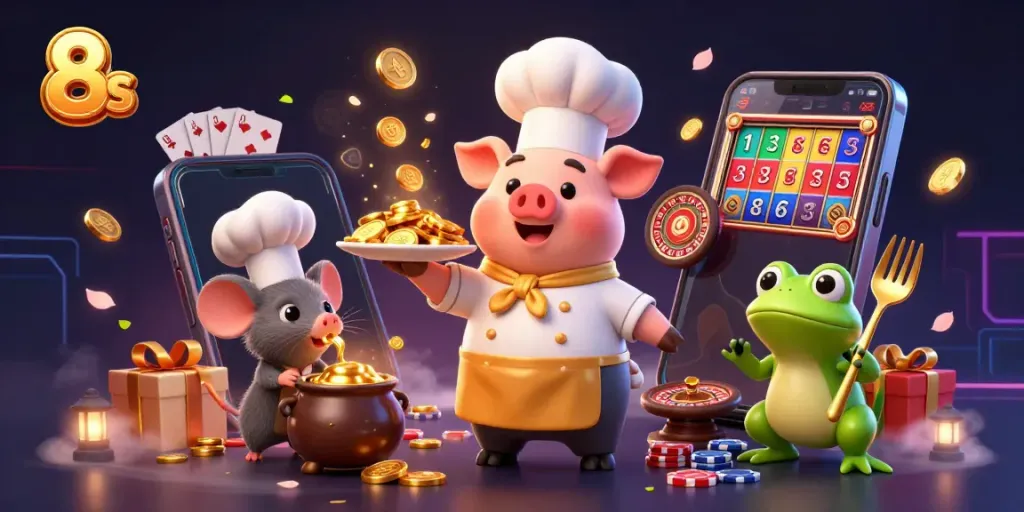 Experience thrilling moments at 8s with our chef pig serving gold coins in a vibrant casino scene.