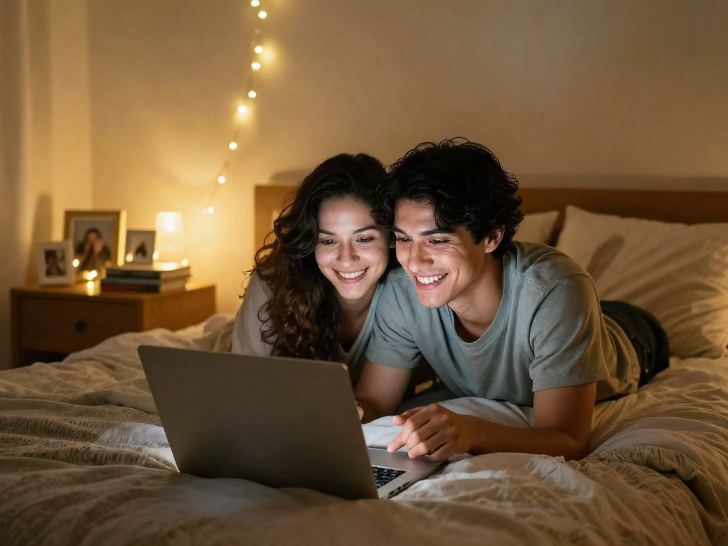 Couple enjoying a sex chat on a laptop in a cozy bedroom setting, surrounded by soft lighting and personal touches.